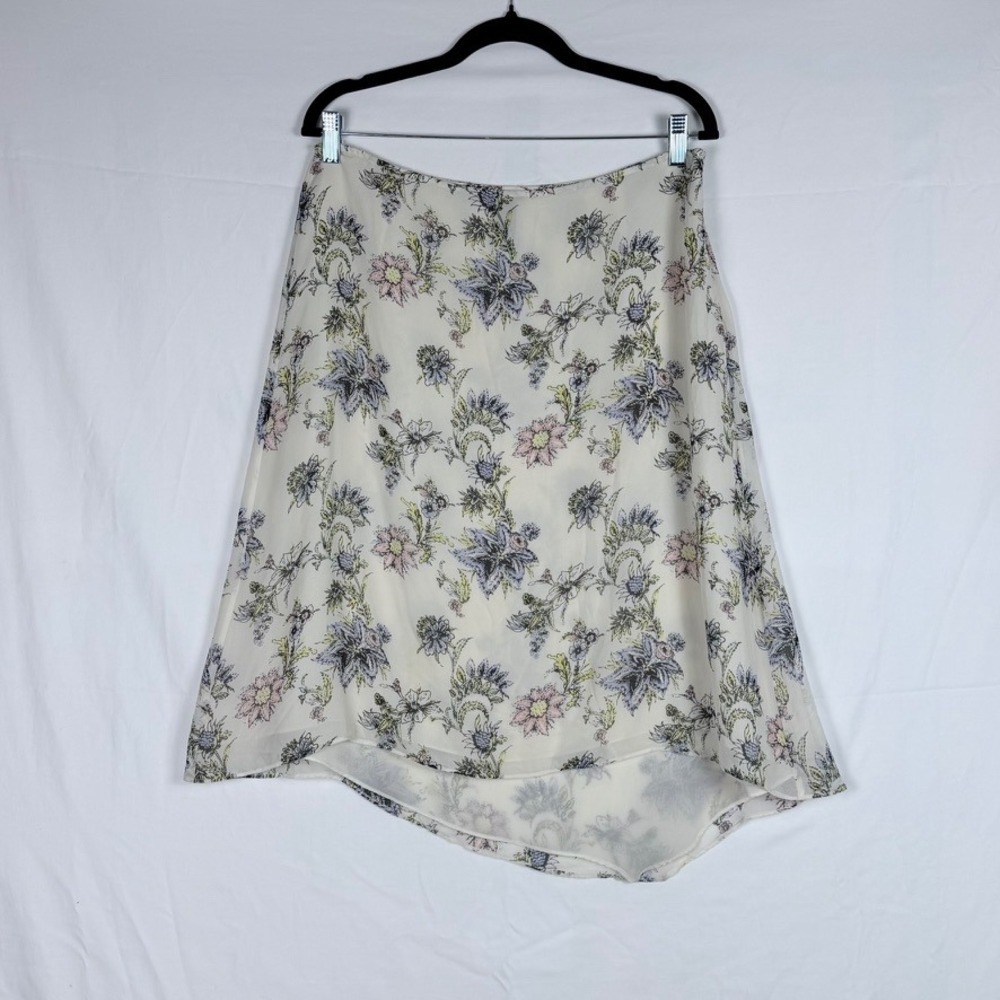 Floral Midi Skirt 10 Asymmetric Hem 100% Silk Fairy Boho Cottagecore Country